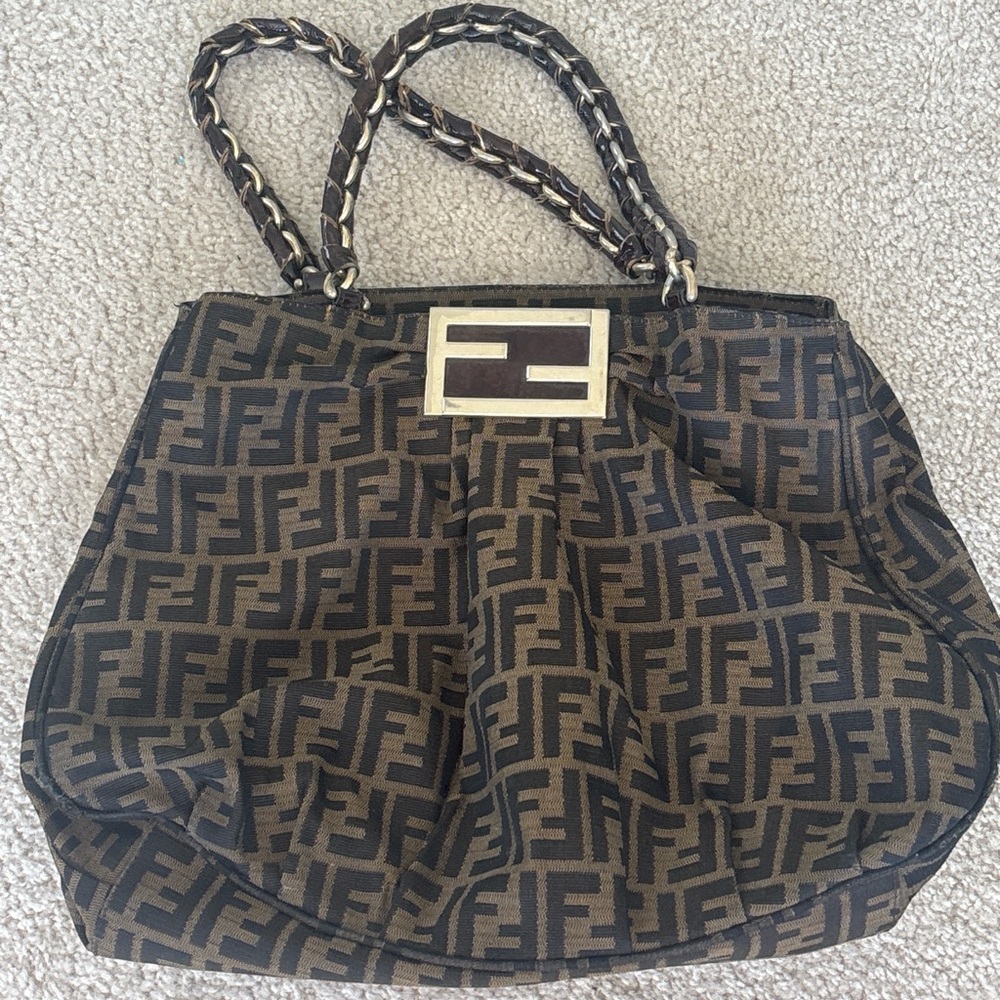 Fendi Brown and Black FF Logo Tote with Chain-Strap Handles